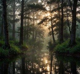 Naklejka premium A beautiful morning in the forest watching the sunrise, generative image there