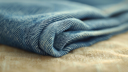 Close-up of folded blue textile fabric with detailed texture