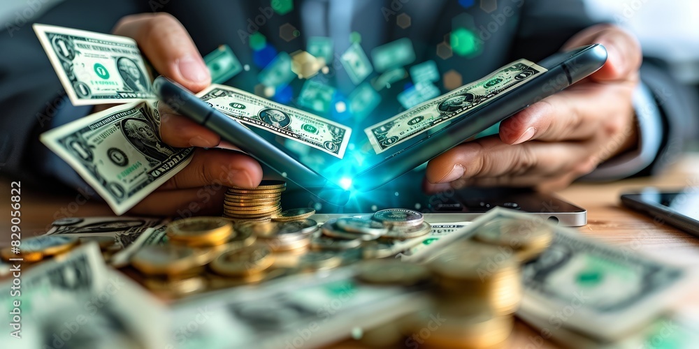 Aufkleber Digital money transfer between smartphones, illustrating the modern and innovative methods of mobile payment and financial transactions in today's technology-driven world, Generative AI