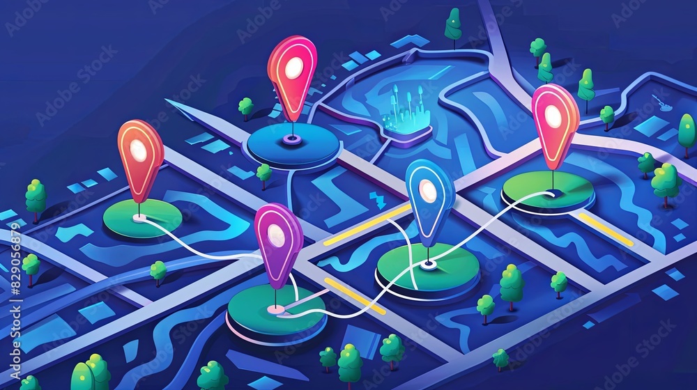 Fototapete A digital isometric map background with several tracking pins marking destinations on street maps. Generative AI