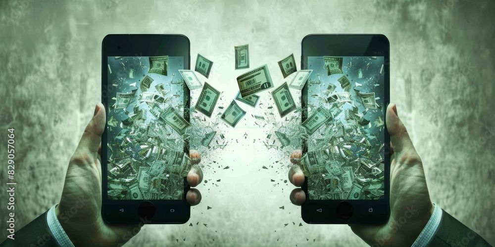 Poster digital money transfer between smartphones, illustrating the modern and innovative methods of mobile