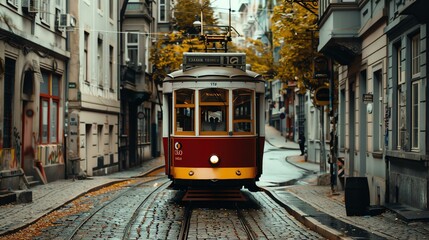 A beautiful shot of a vintage tram making its way through a narrow European street.