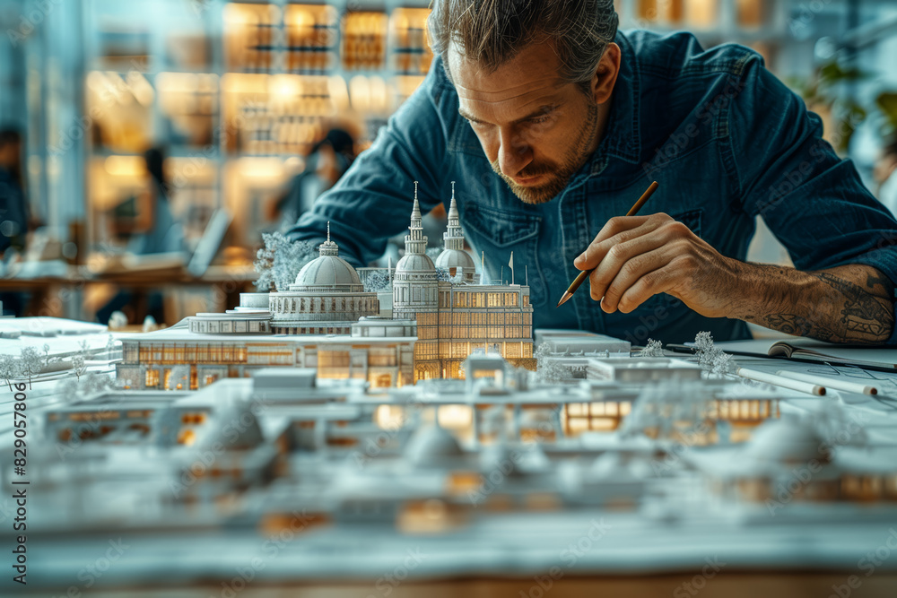 Poster an architect designing a building, envisioning spaces that blend form and function in innovative way
