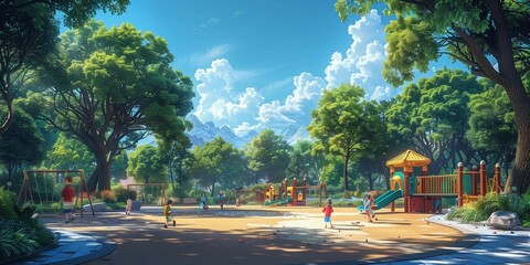 Cheerful Kids Engaging in Playful Activities on Playground Equipment, generative ai