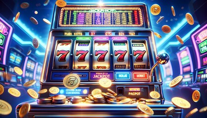 A slot machine with a large number of coins and a sign that says "Jackpot"