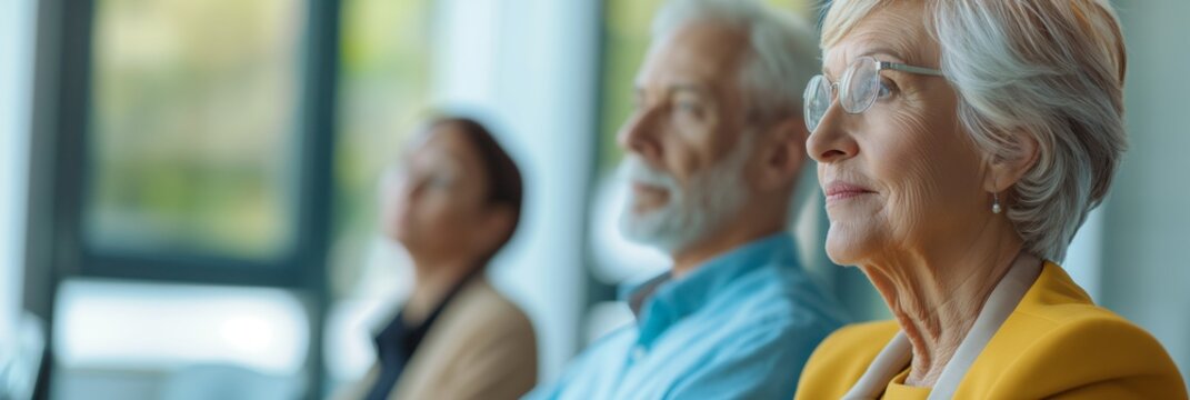 Image of three seniors sitting together, faces blurred, with focus on the woman in yellow