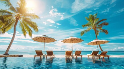 Luxury beach resort hotel swimming pool and palm trees on sunny summer island seaside