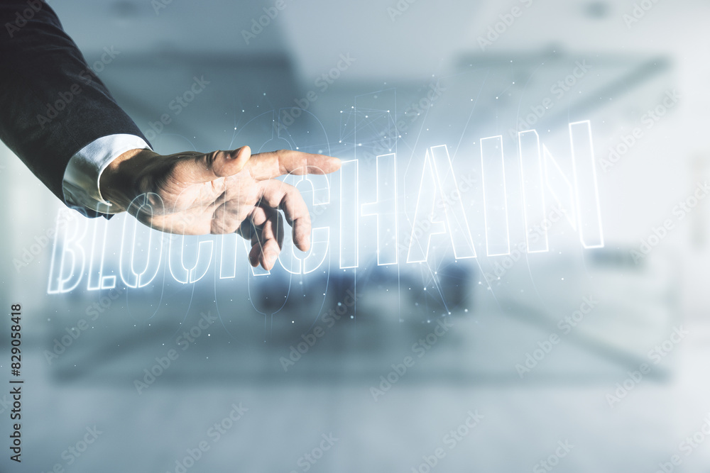 Aufkleber man hand presses on abstract virtual blockchain technology hologram on blurred office background. di