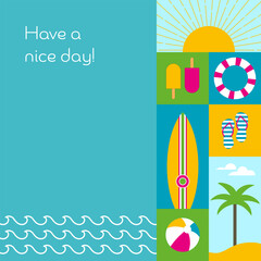 Have a nice day - Schriftzug in englischer Sprache - Hab einen schönen Tag. Sommerliche Karte mit Sonne, Palme, Strand, Meer, Surfbrett und Flip-Flops.