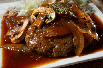 A closeup view of hamburg steak.