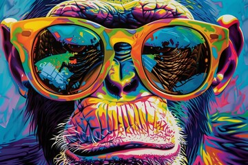 Abstract colorful illustration of monkey with sunglasses. AI generative art