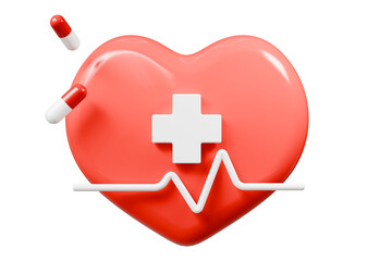 3d Red heart and heartbeat wave icon isolated on blue background. Emergency, Safety, Hospital doctor equipment medic health care concept. 3d minimal heartbeat pulse sensor icon design. 3d render.