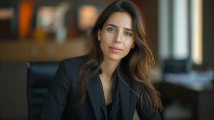 Businesswoman, Professional office setting, Daylight lighting, modern and sleek, confident and poised, sharp and stylish business attire