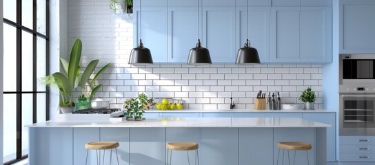 Modern blue kitchen featuring pastel blue cabinets