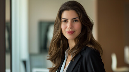 Businesswoman, Professional office setting, Daylight lighting, modern and sleek, confident and poised, sharp and stylish business attire