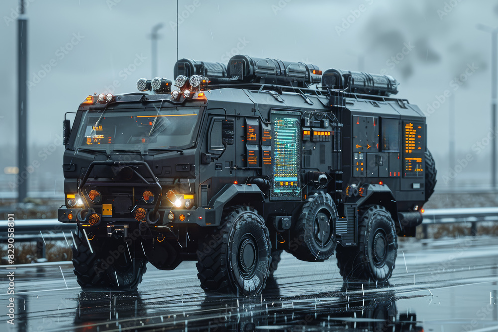 Poster mobile command center coordinating battlefield operations with real-time intelligence and communicat
