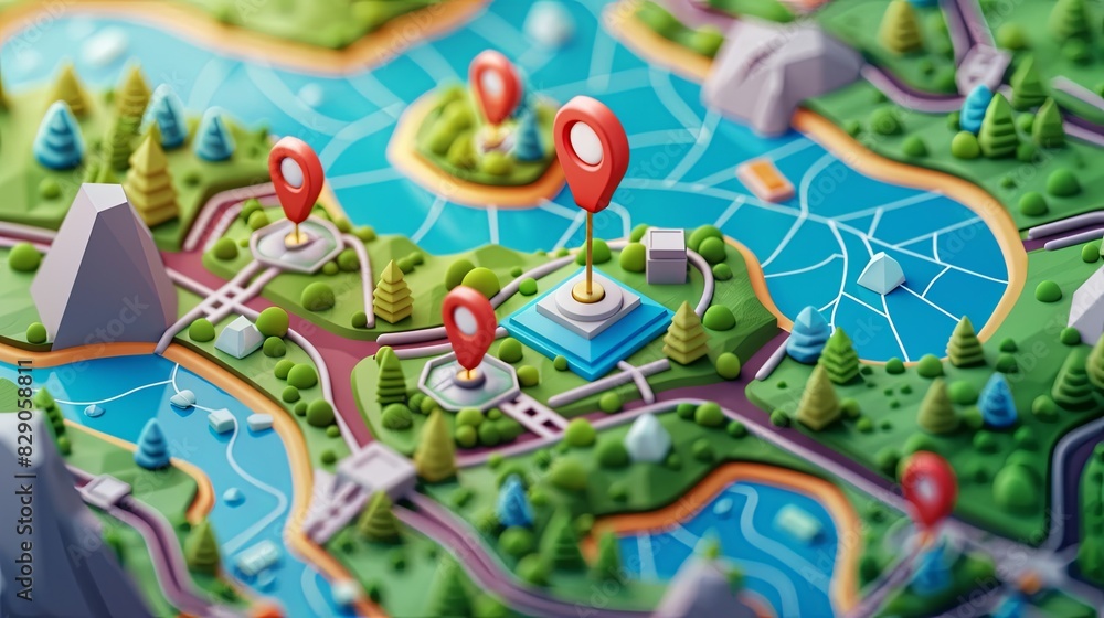 Poster detailed view of a map with multiple pin markers showing gps tracking and navigation features in an 