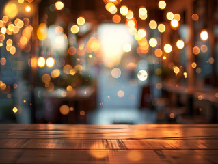 Cozy Coffee Shop with Bokeh Lights and Wooden Tabletop