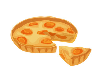 Pie with fresh or dried apricots, sweet pumpkin or juicy peach isolated on white background