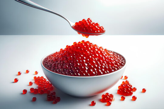 Bowl with red caviar and a tablespoon with red caviar on a white background