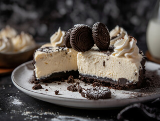 Cookies and cream, Cheesecake with cookie crust, Soft studio lighting, elegant and detailed, rich and smooth texture, black and white contrast