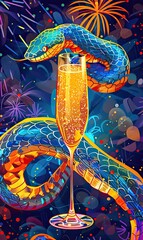 Fototapeta premium A vibrant illustration of a snake wrapped around a champagne flute amidst a backdrop of fireworks and celebration