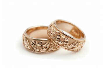 Golden wedding rings on a white background. Bride and Groom Rings