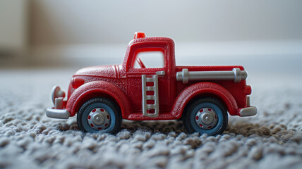 Red toy fire truck on a carpeted floor.