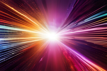Light rays and data streams - futuristic science and energy technology concept. Accelerating super fast motion blur light beam for background design.