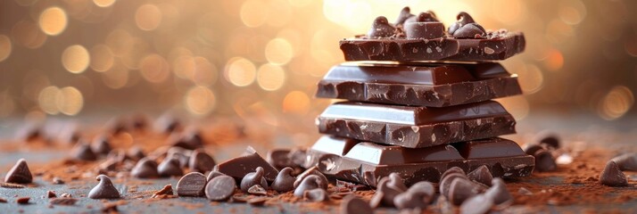 horizontal banner, column of chocolate pieces, table sprinkled with cocoa and chocolate drops, golden background, bokeh effect, confectionery factory, sweet life, free space for text