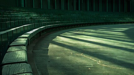 Early twilight descending on curved lines of vacant green stadium seating with cool tones