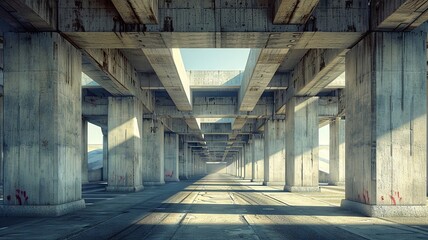 Obraz premium Sunlit underpass views of soaring concrete highway structures with sharp geometric shadows.