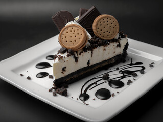 Cookies and cream, Cheesecake with cookie crust, Soft studio lighting, elegant and detailed, rich and smooth texture, black and white contrast