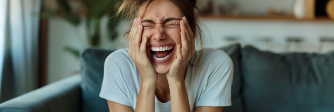Young woman can't stop laughing, tears of joy as she holds her face in her hands