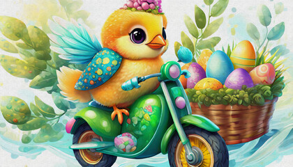 OIL PAINTING STYLE CARTOON CHARACTER CUTE baby YELLOW CHICKEN ride Stylish green cross motorcycle, easter,