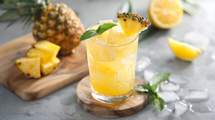 Pineapple cocktail, refreshing margarita in small glasses. Pineapple lemonade with ice.
