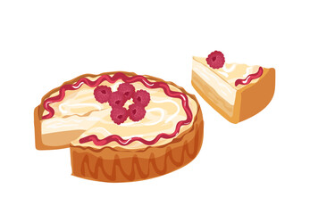 Homemade bakery, sweet pie with raspberries and whipped cream isolated on white background