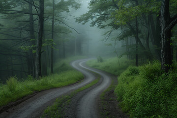 Journey road leads into the misty forest