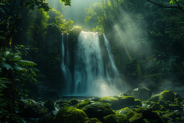 Fototapeta premium Lit up by sunlight, a hidden waterfall in a dense rain forest reveals mist and mossy rocks in the foreground