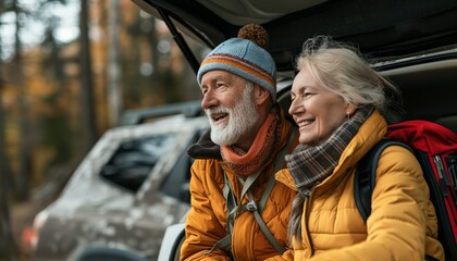 Preparing for a hike, senior couple sitting in open car trunk - Powered by Adobe