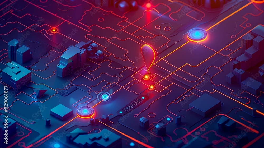 Poster computer circuit board with illuminated red and blue lights creating a futuristic aesthetic. generat