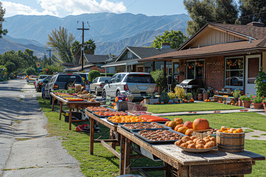 A neighborhood block party on a sunny afternoon, with residents coming together for games, food, and laughter. Concept of community spirit and neighborly bonds. Generative Ai.