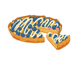 Blueberry pie with piece baked vitamin nutrition vector illustration isolated on white background