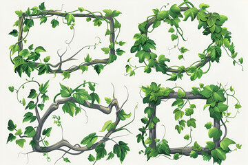 Jungle liana vine - long branches and circle and square frame with green creeping plant and leaves. Cartoon vector illustration set of game ui design borders made of tropical climbing plant.