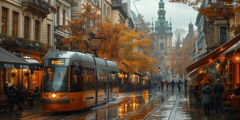 Fototapeta premium Classic Tram Passing Through European City, generative ai