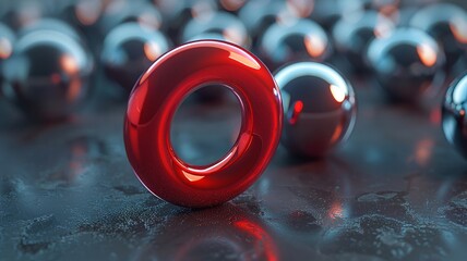Red horseshoe magnet with reflective metal spheres in simplistic layout