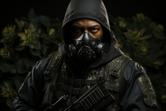Un militaire en uniforme de camouflage porte un masque anti-gaz, tenant un pistolet pr&ecirc;t &agrave; l'emploi.