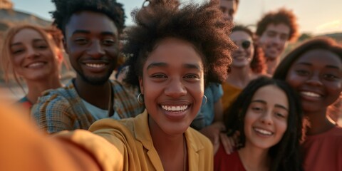 Fototapeta premium Joyful diverse group of friends taking a group selfie with a smartphone, smiling broadly