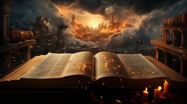 Un vieux livre ouvert, &eacute;clair&eacute; par une bougie, r&eacute;v&egrave;le des pages de sagesse et d'enseignement, unissant magie et religions en biblioth&egrave;que.