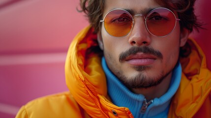 Gen-z handsome fashionable male, wearing neon stylish clothes, retro style in the style of vapourware fashion with copy space. Art concept.